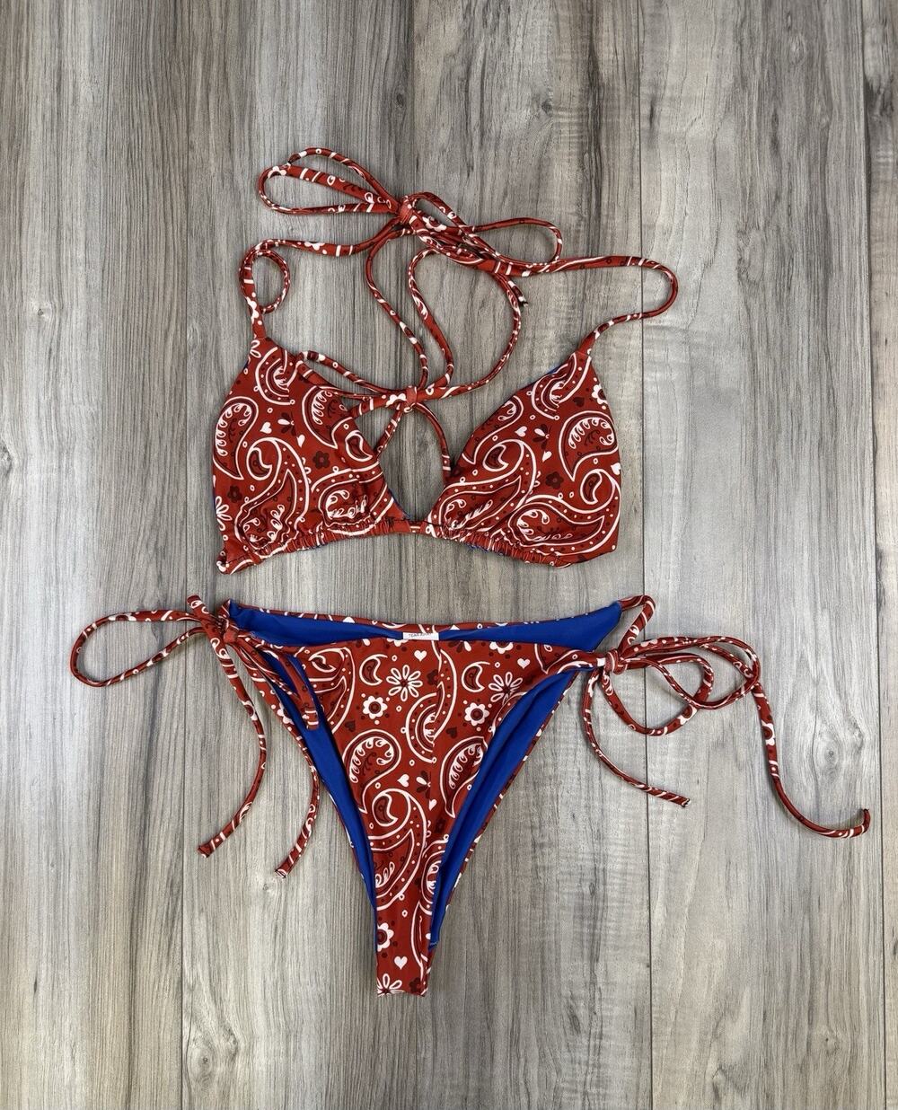 Baha Ranch Yeehaw Bikini Set Red Paisley Western Swimsuit High Waist Size XS NEW